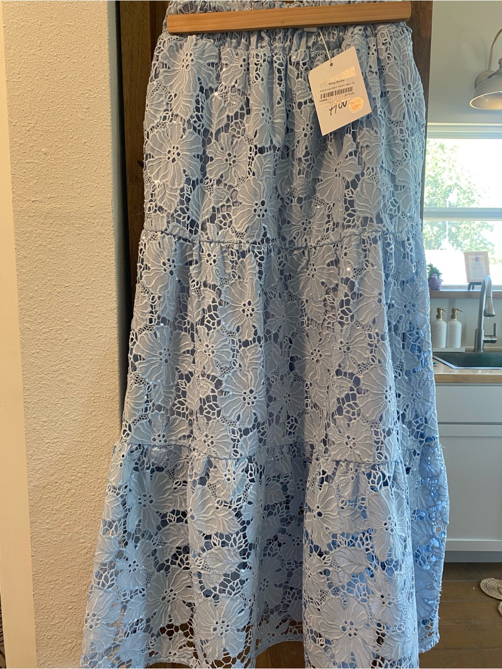 english rose Light Blue Floral Lace Tiered Maxi Skirt